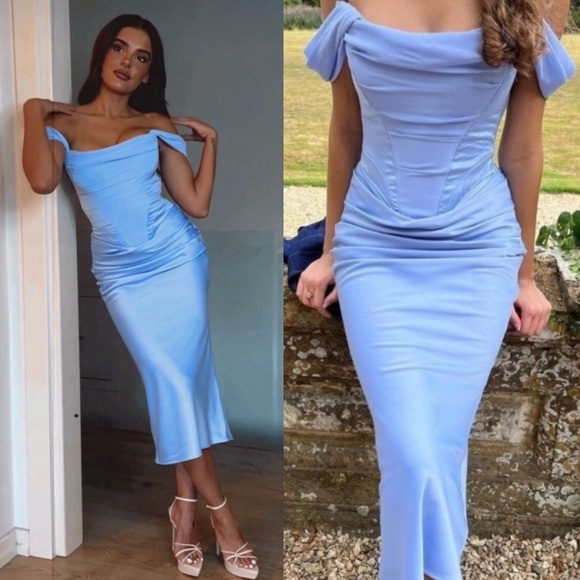 House of CB Dresses & Skirts - HOUSE OF CB 'Natalya' Sky Satin Corset Midi Dress blue NWOT Size Large